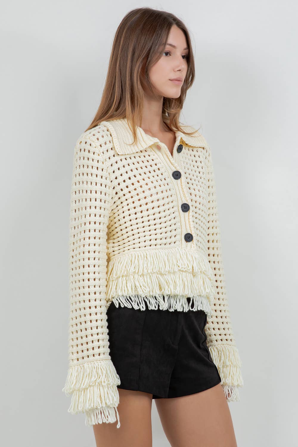 FRINGE DETAILED SOFT KNIT BUTTON DOWN CARDIGAN - LEMON