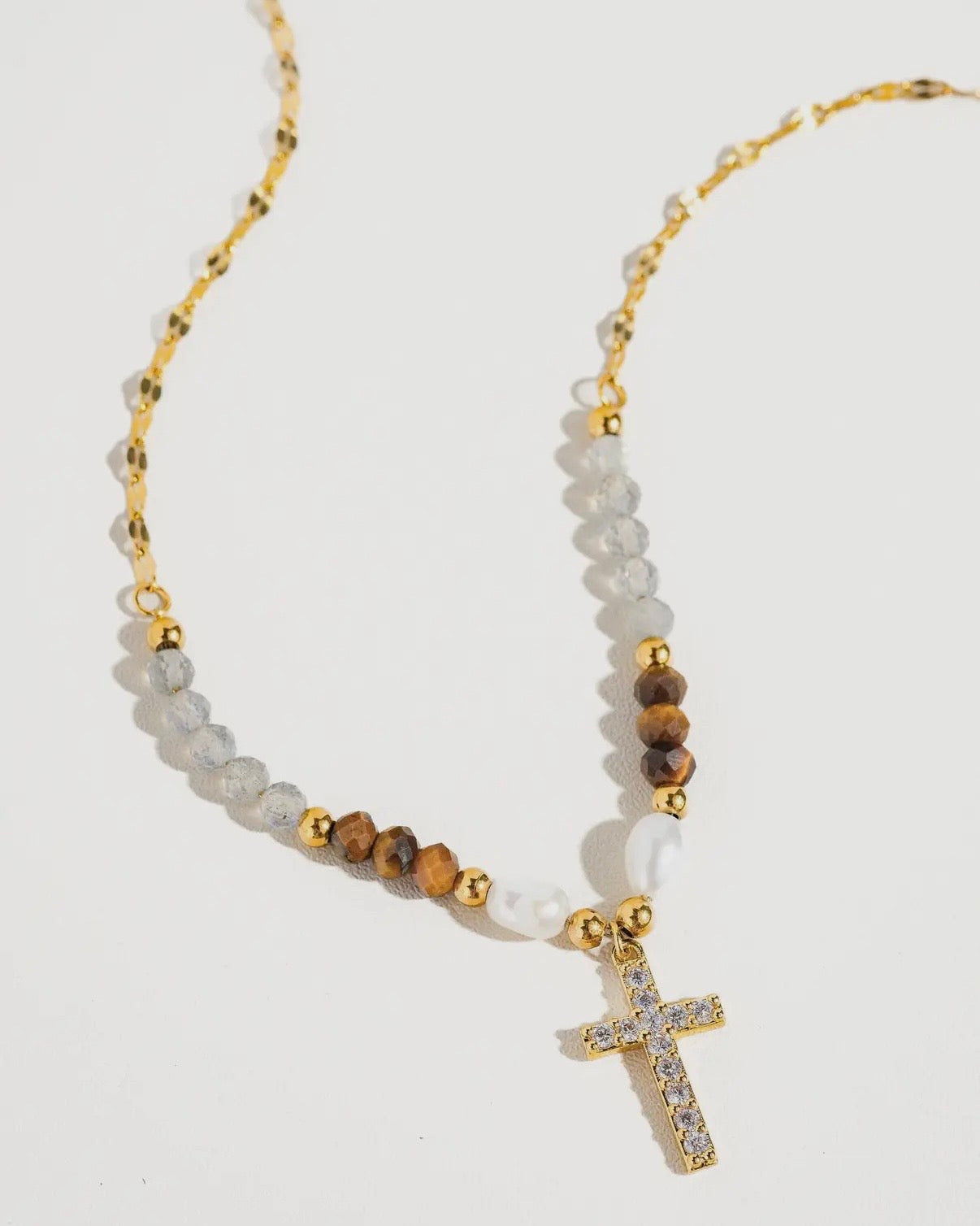 Lumiere 18K Gold Cross Necklace with Beads and Pearls