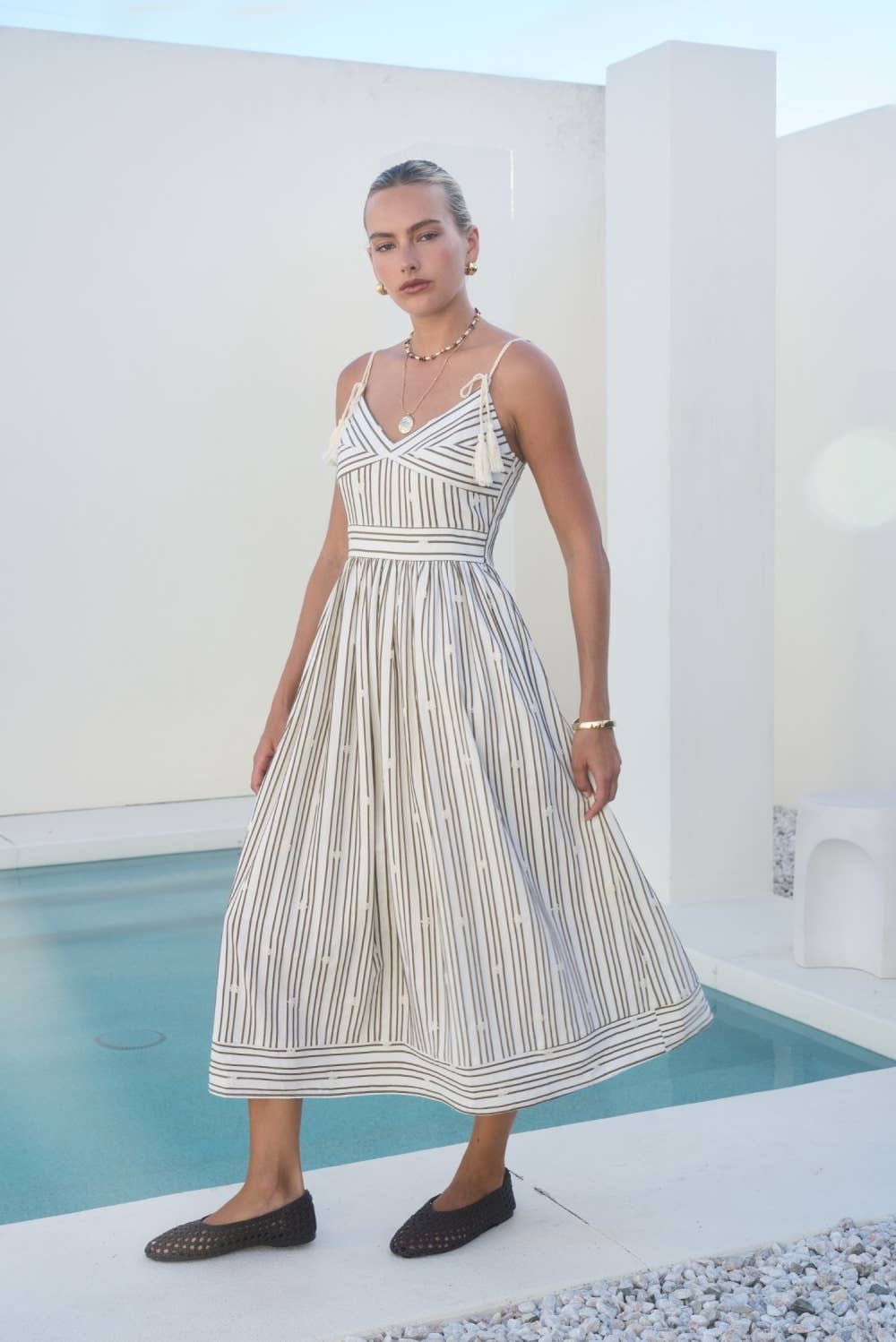 Stripe Tassel Tie Strap Midi Dress