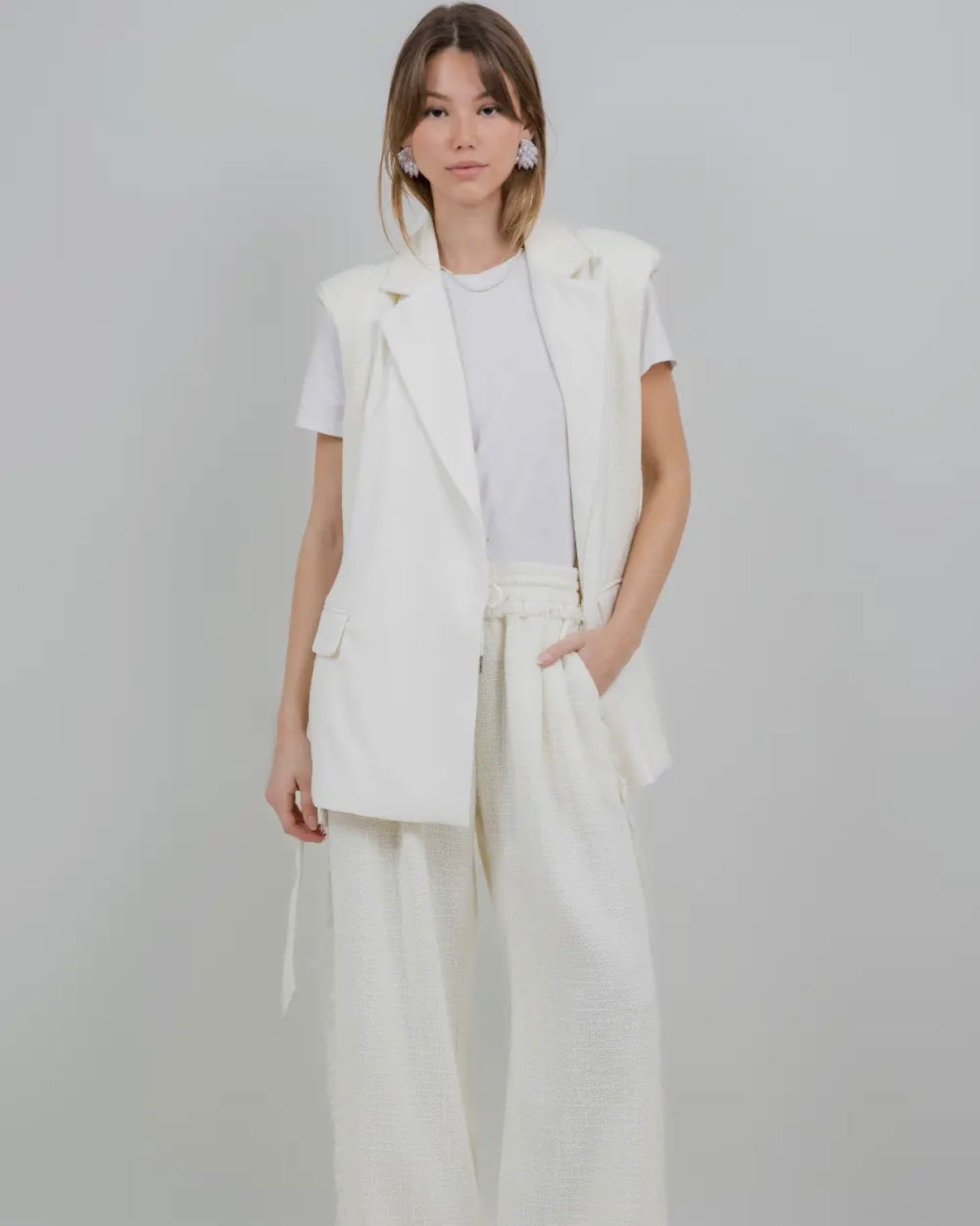 Contrast Fabric Combo Sleeveless Blazer with Belt - Ivory