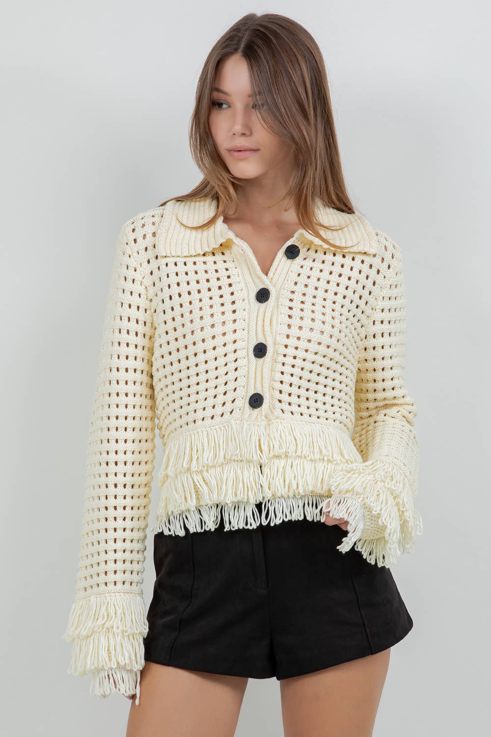 FRINGE DETAILED SOFT KNIT BUTTON DOWN CARDIGAN - LEMON