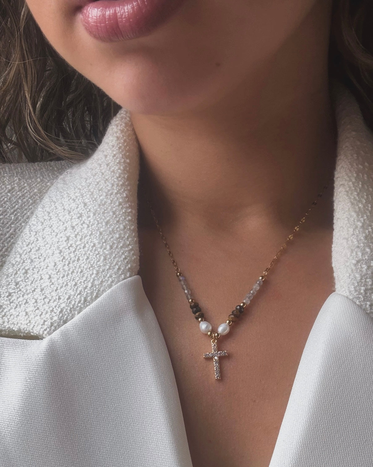 Lumiere 18K Gold Cross Necklace with Beads and Pearls