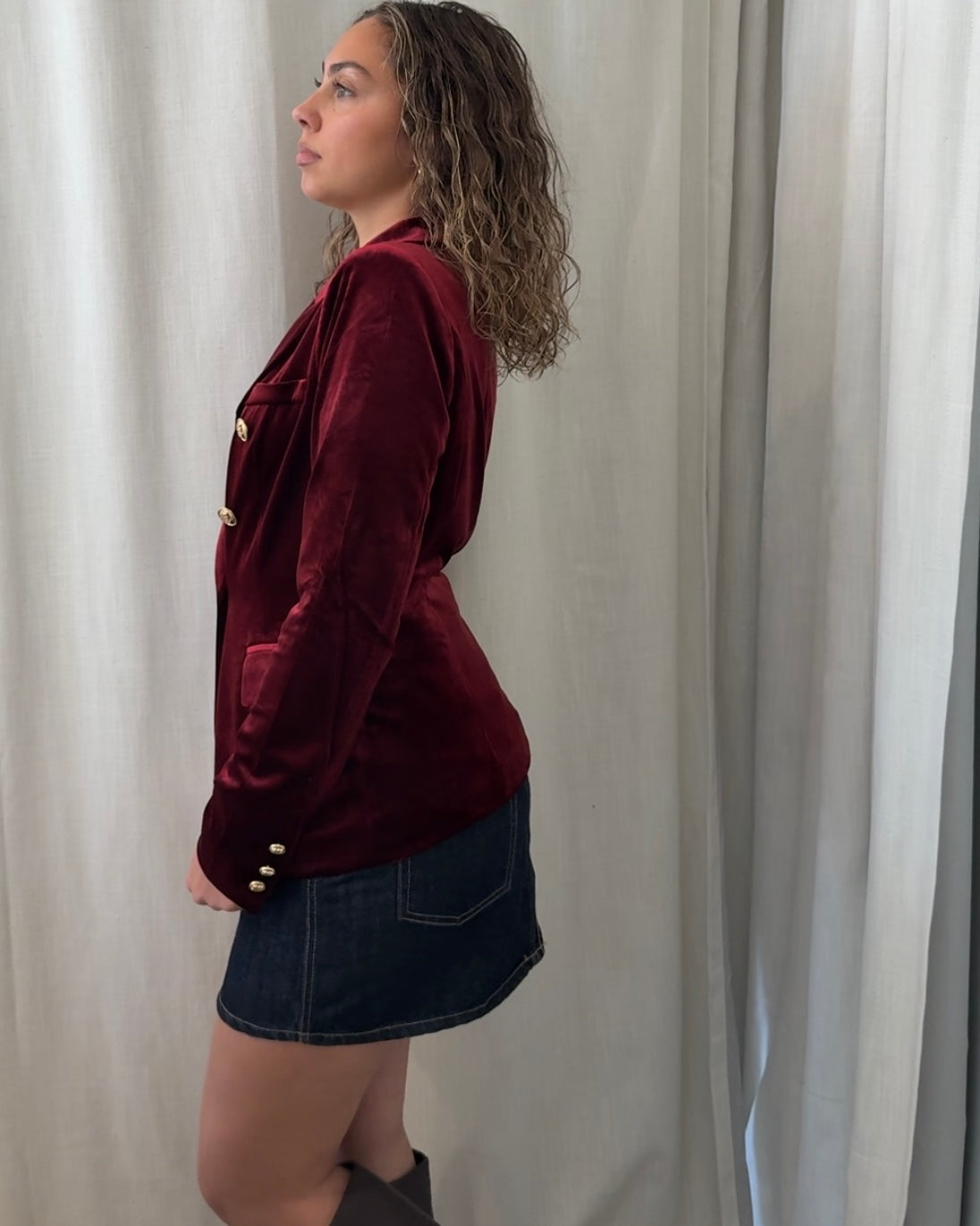 Dark Burgundy Double-Breasted Velvet Blazer