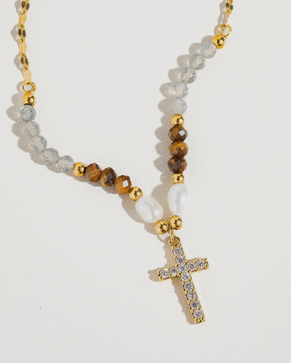 Lumiere 18K Gold Cross Necklace with Beads and Pearls