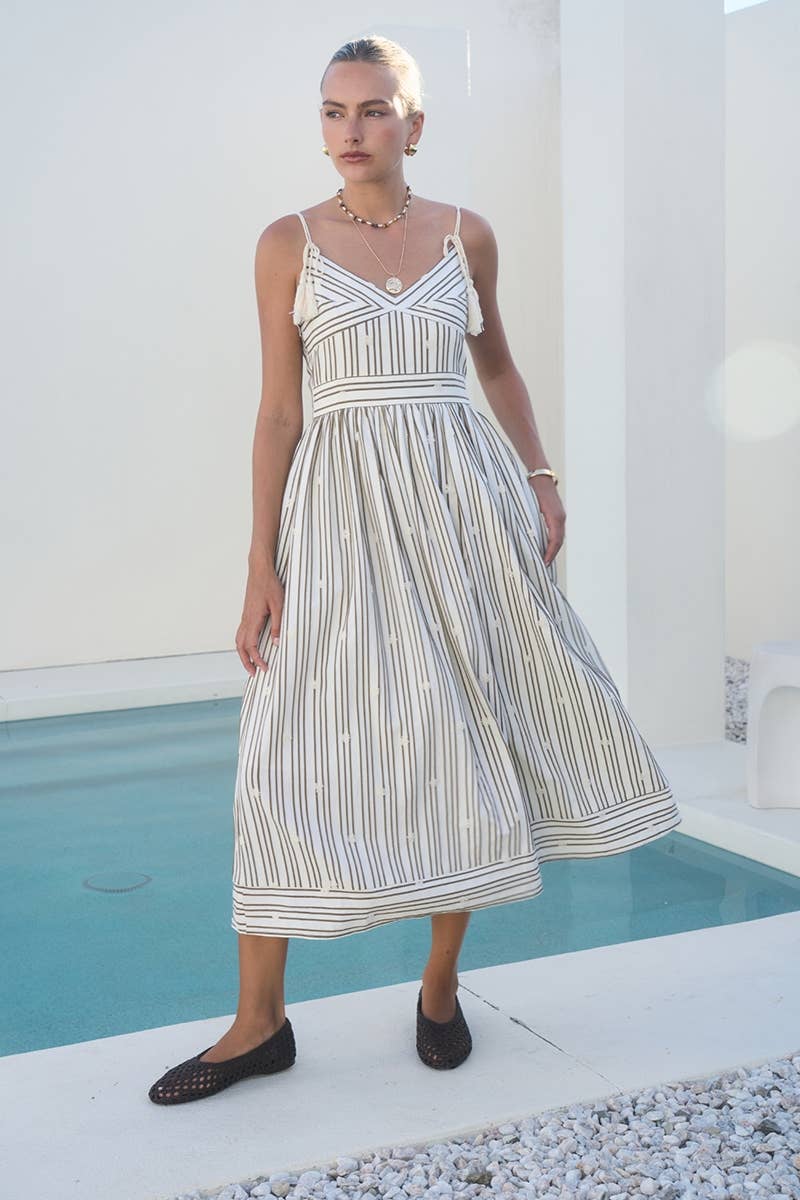 Stripe Tassel Tie Strap Midi Dress