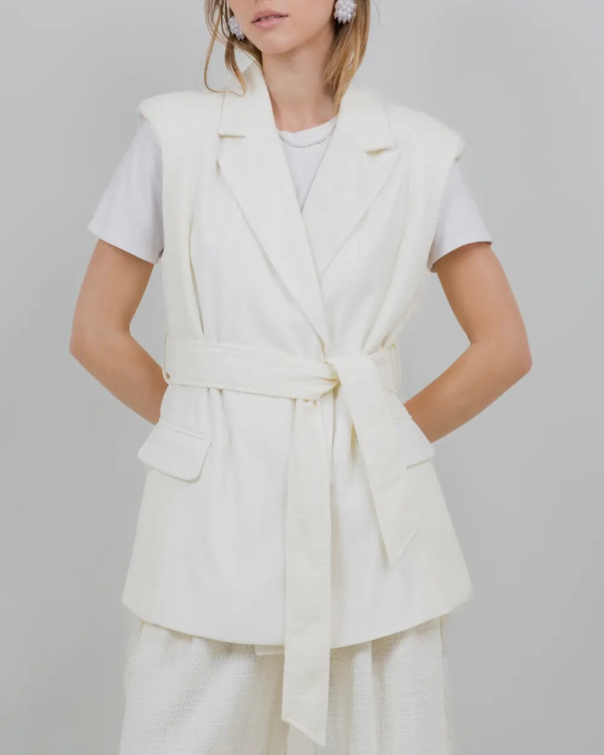 Contrast Fabric Combo Sleeveless Blazer with Belt - Ivory