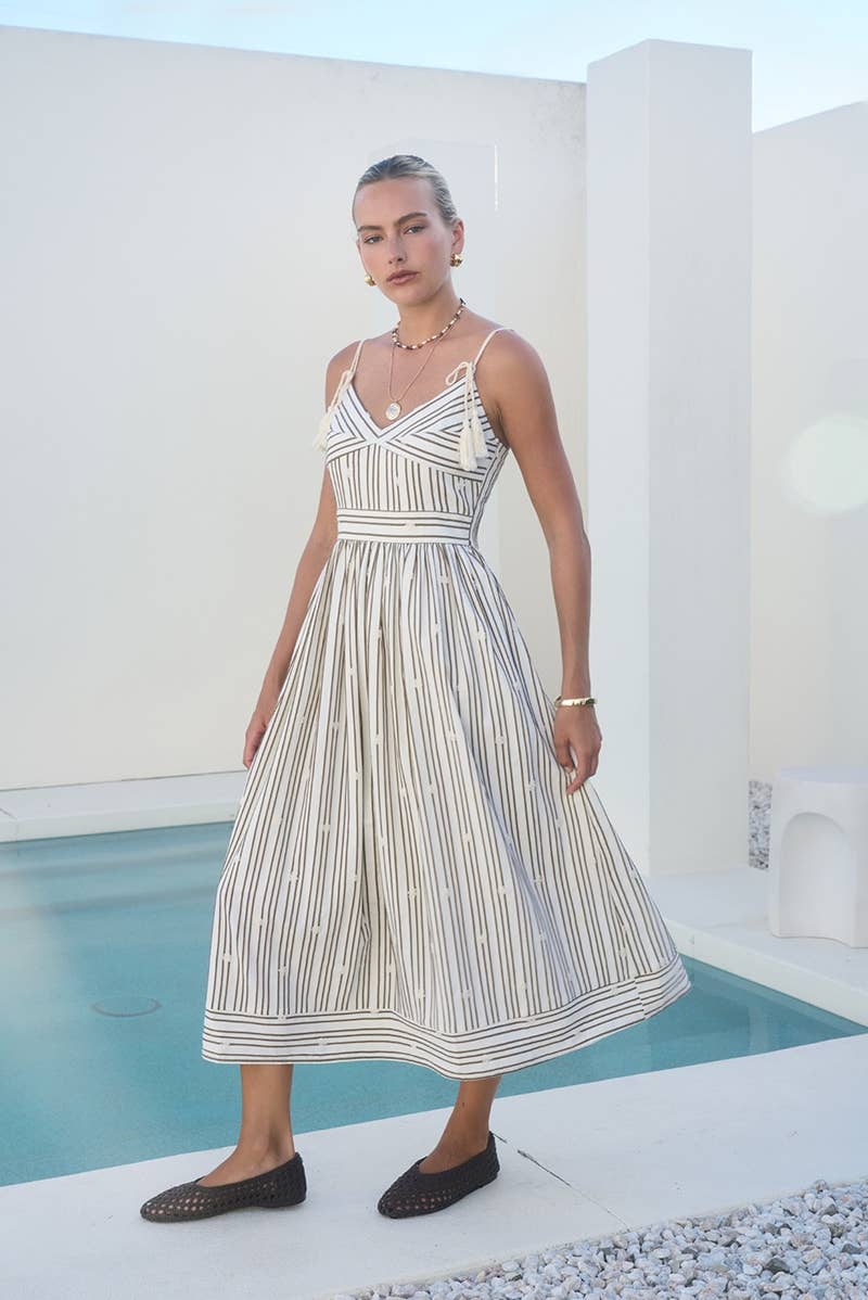Stripe Tassel Tie Strap Midi Dress
