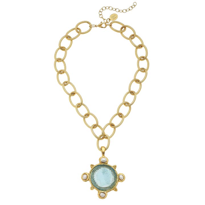 Aqua Venetian Glass Coin Intaglio and Genuine Freshwater Pearls On Chain Necklace