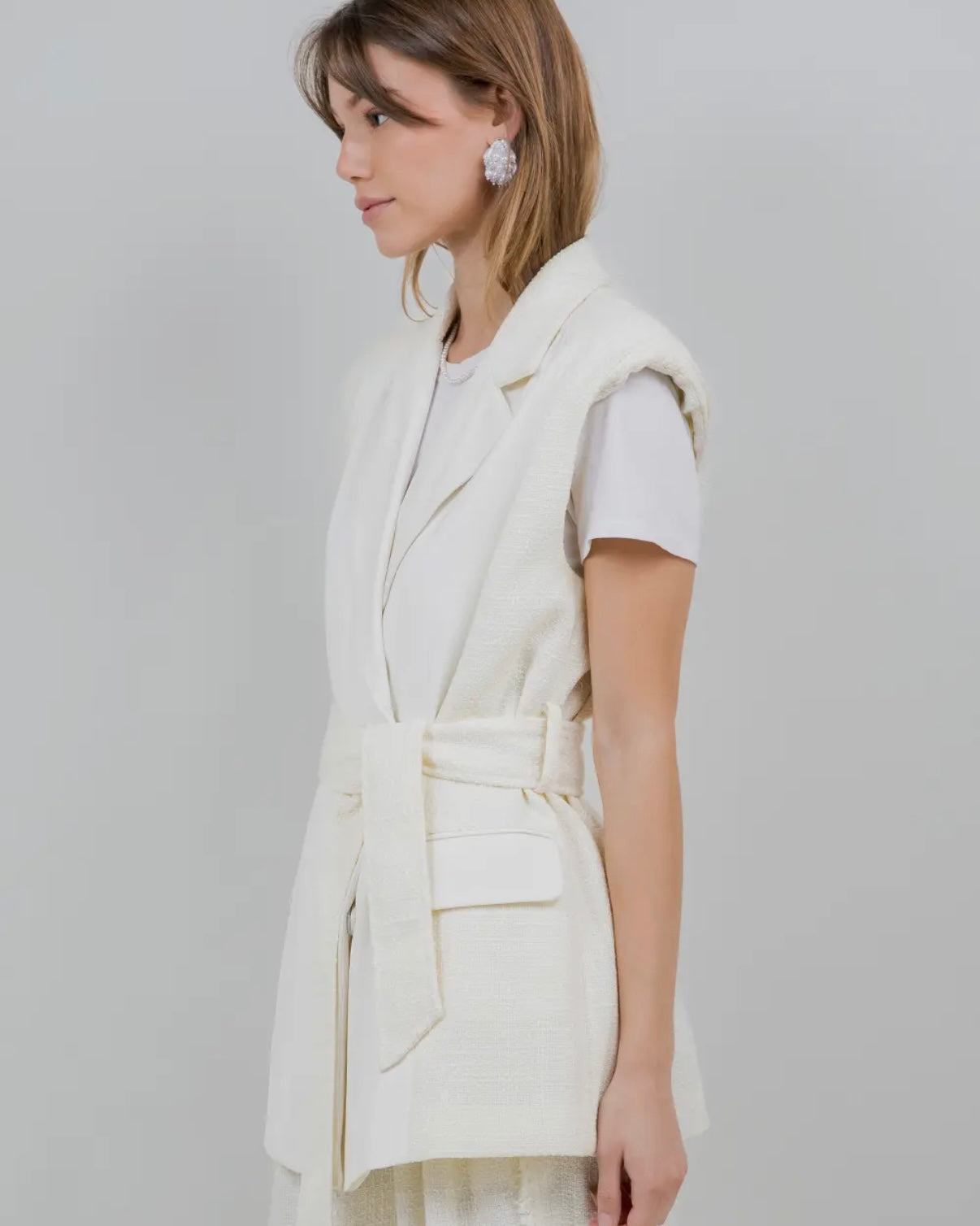 Contrast Fabric Combo Sleeveless Blazer with Belt - Ivory