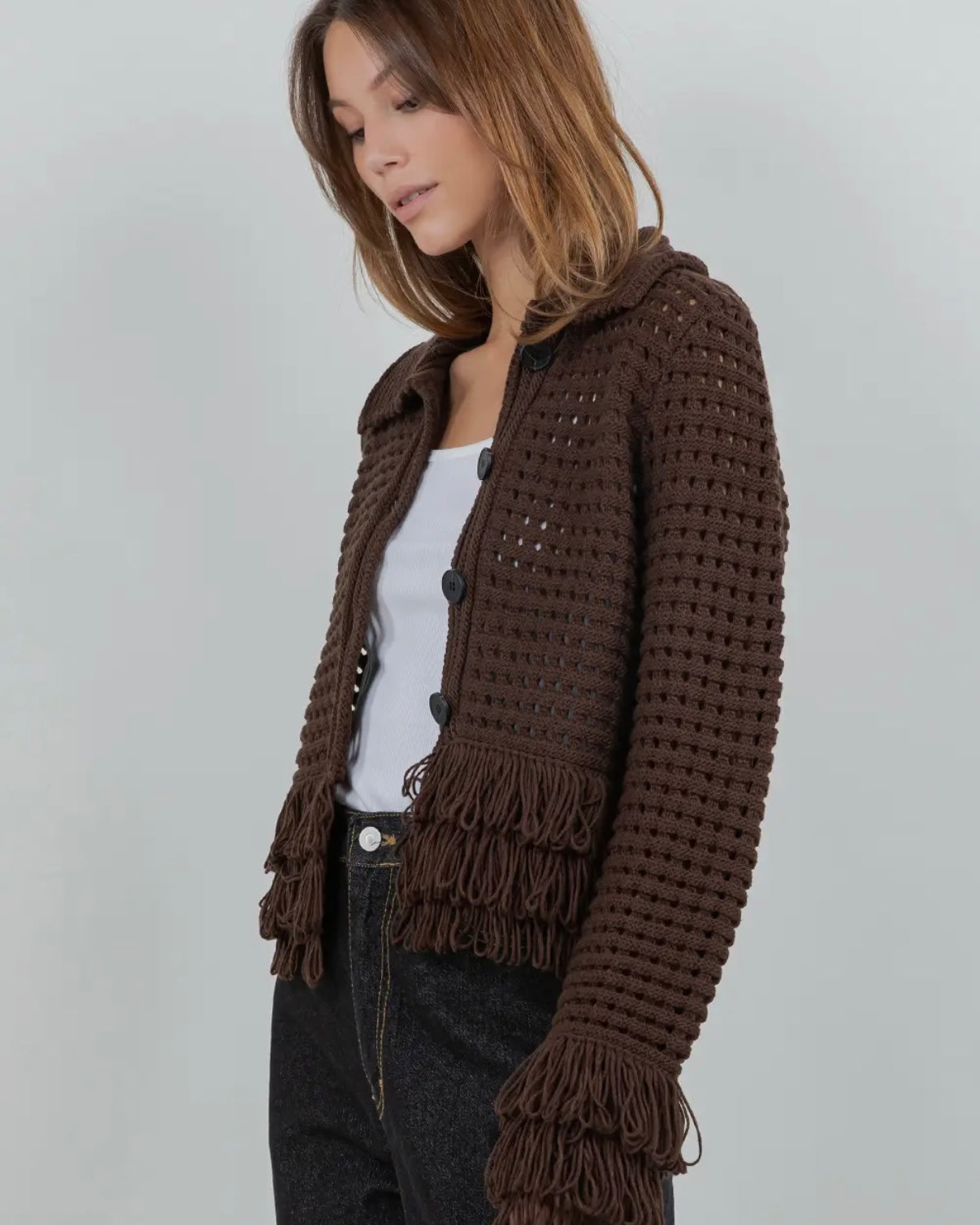 FRINGE DETAILED SOFT KNIT BUTTON DOWN CARDIGAN - BROWN