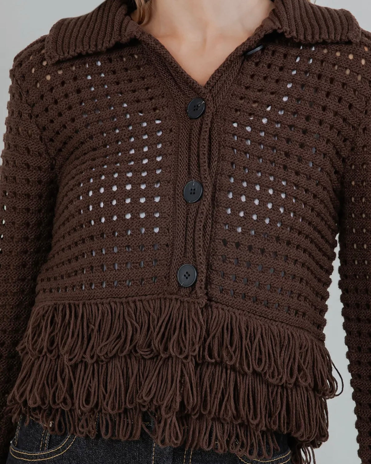 FRINGE DETAILED SOFT KNIT BUTTON DOWN CARDIGAN - BROWN
