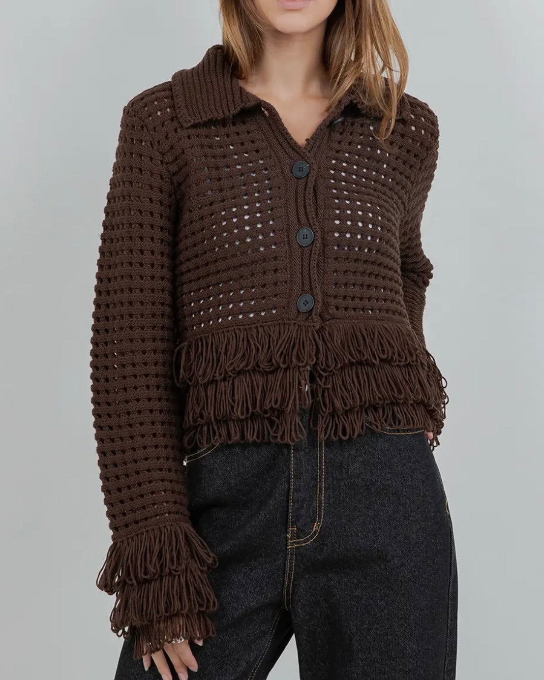 FRINGE DETAILED SOFT KNIT BUTTON DOWN CARDIGAN - BROWN