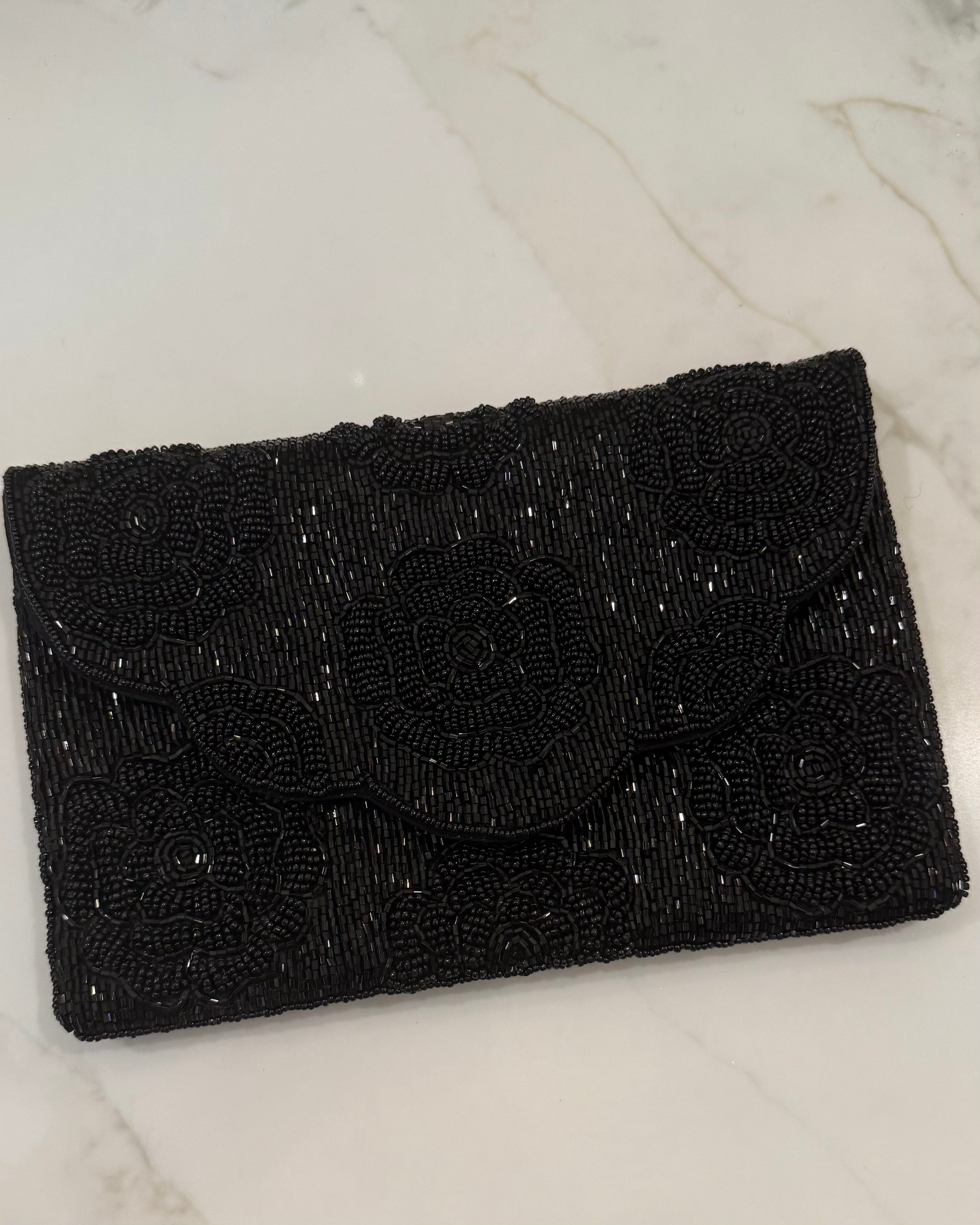 BLACK ROSE BEADED CLUTCH