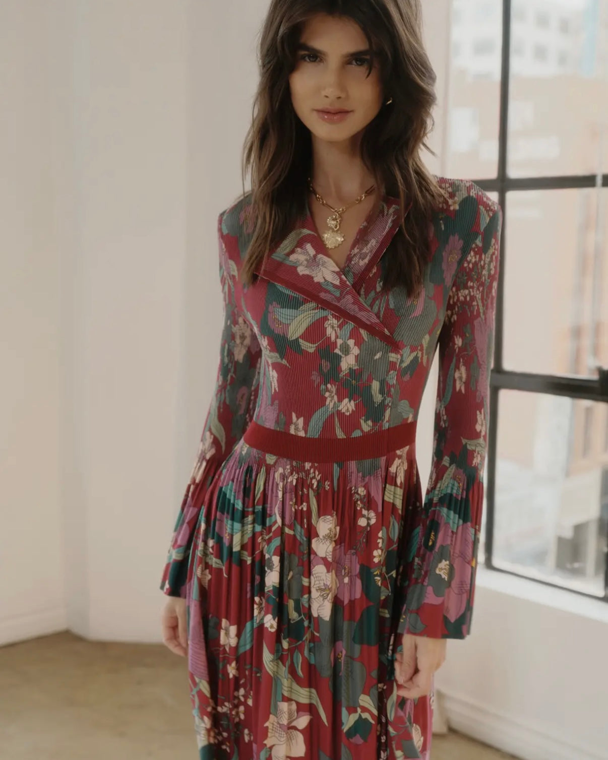 Floral Print Midi Pleated Dress