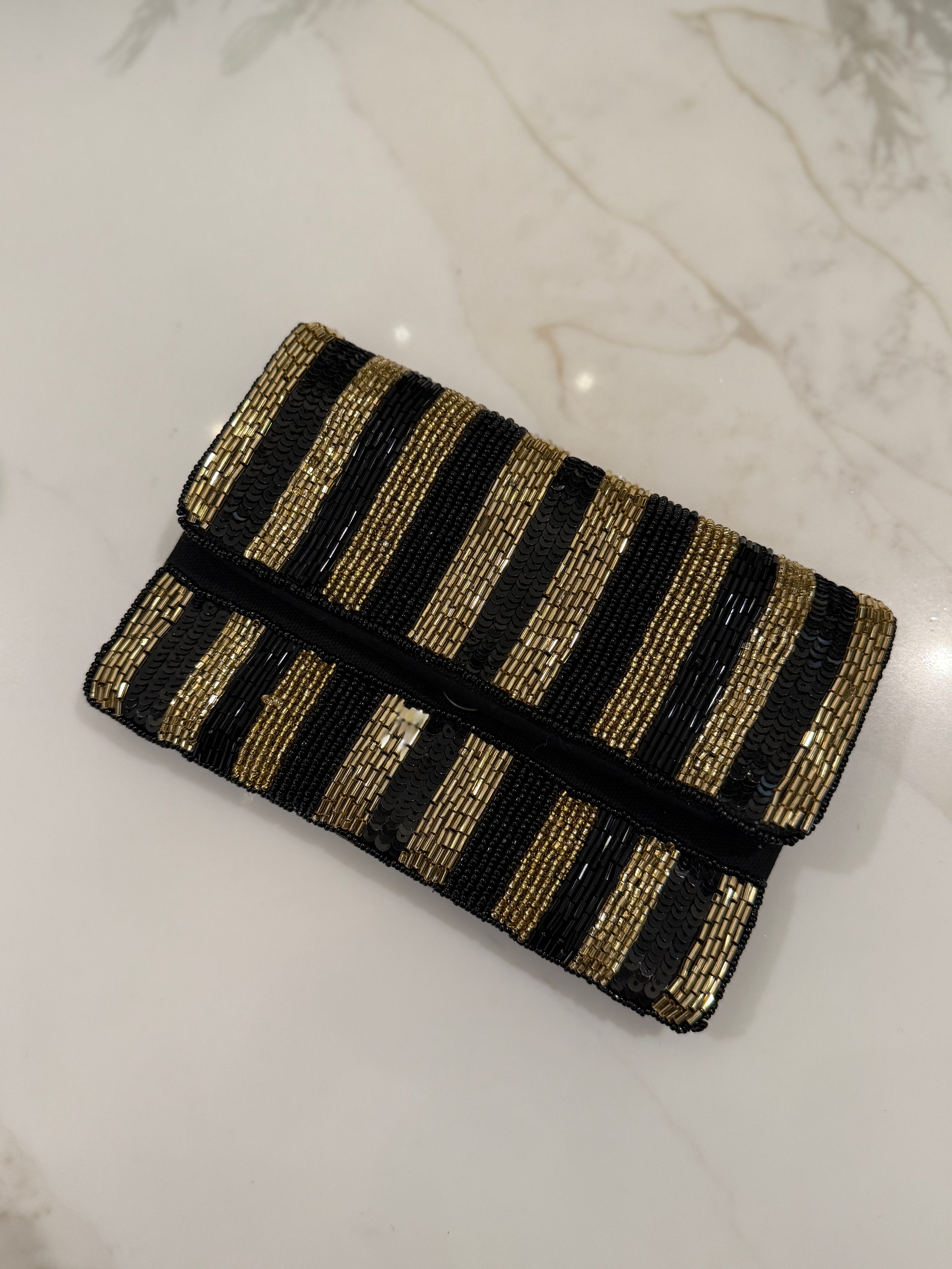 BLACK & GOLD SEQUIN STRIPES BEADED MINI CLUTCH