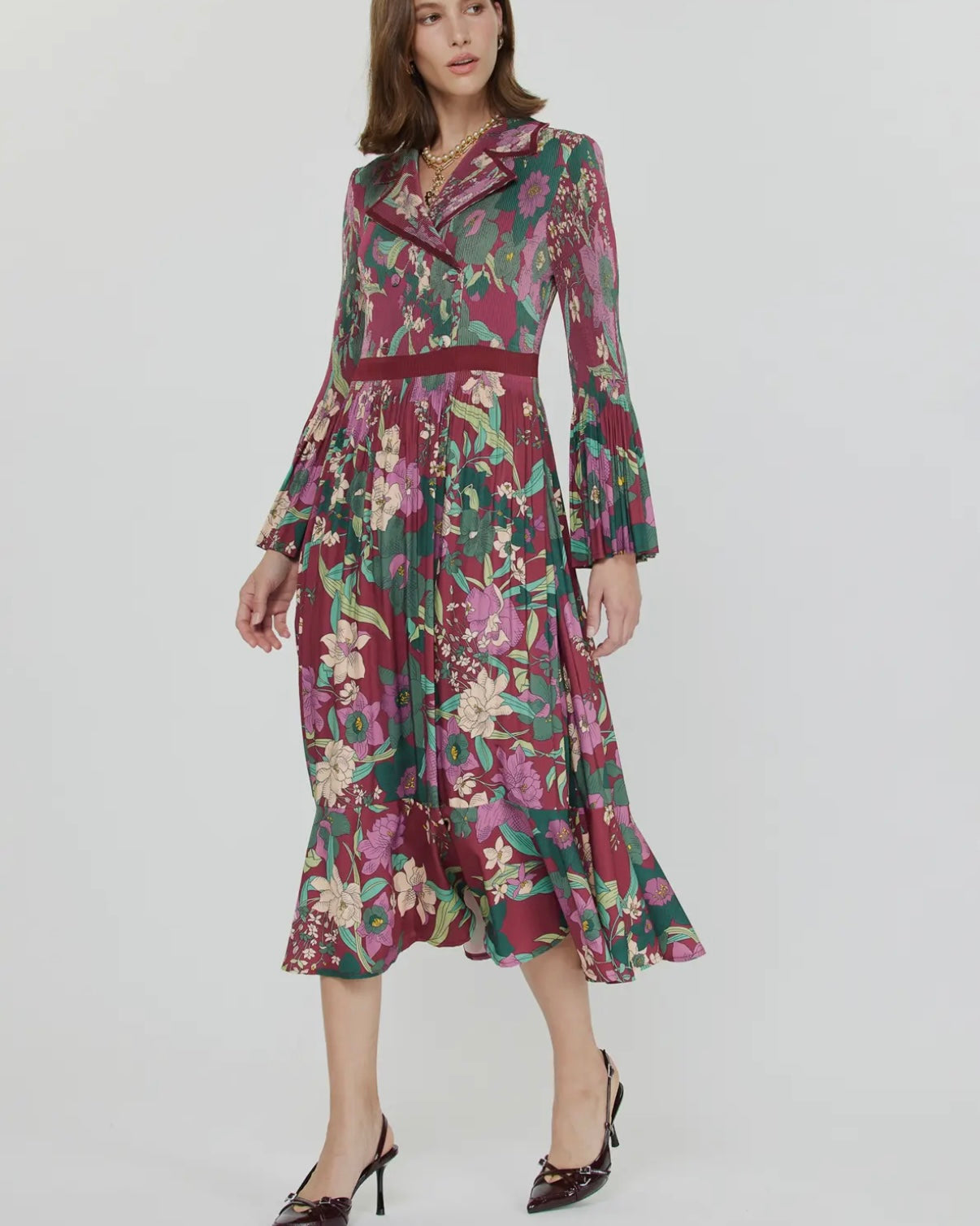 Floral Print Midi Pleated Dress