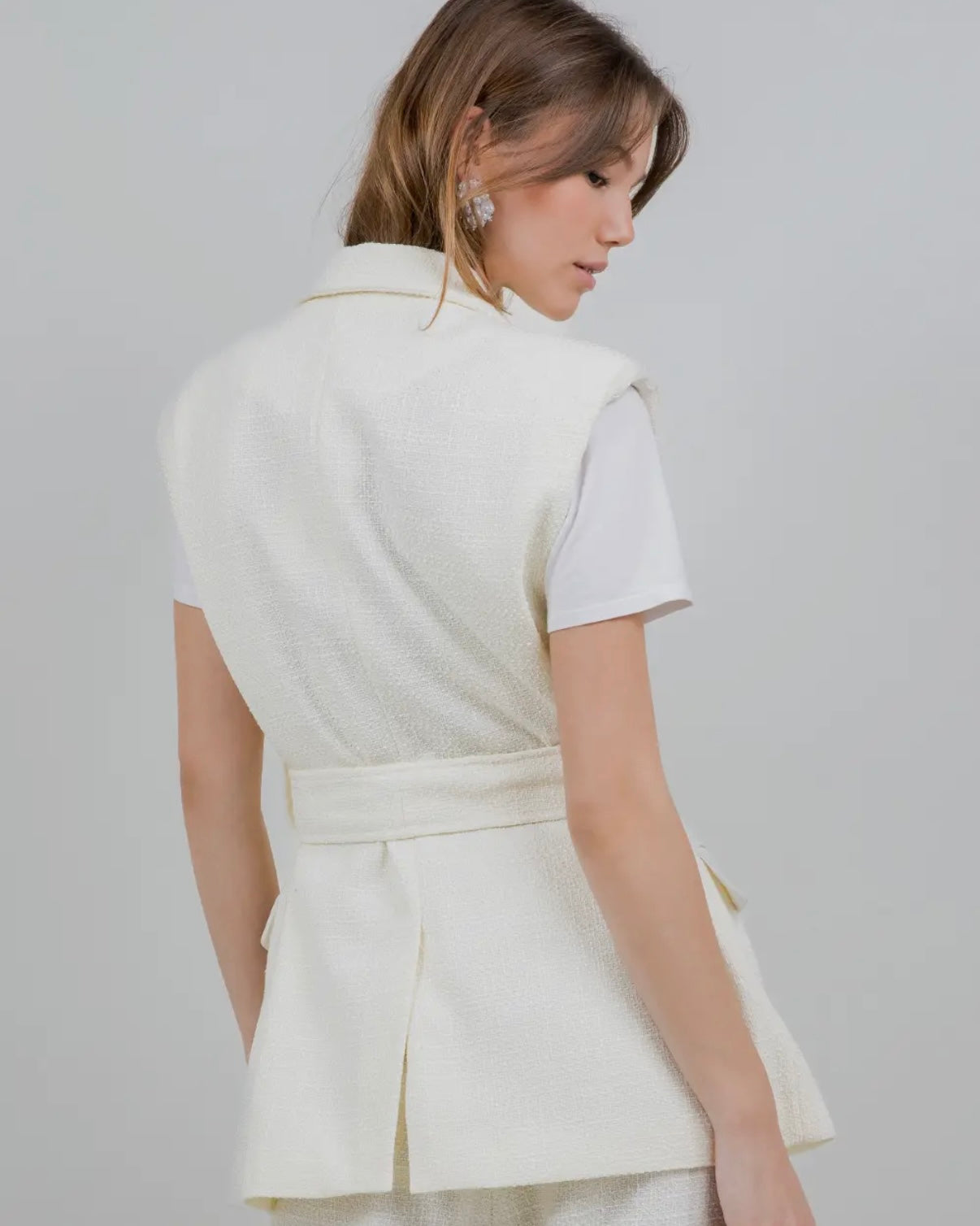 Contrast Fabric Combo Sleeveless Blazer with Belt - Ivory