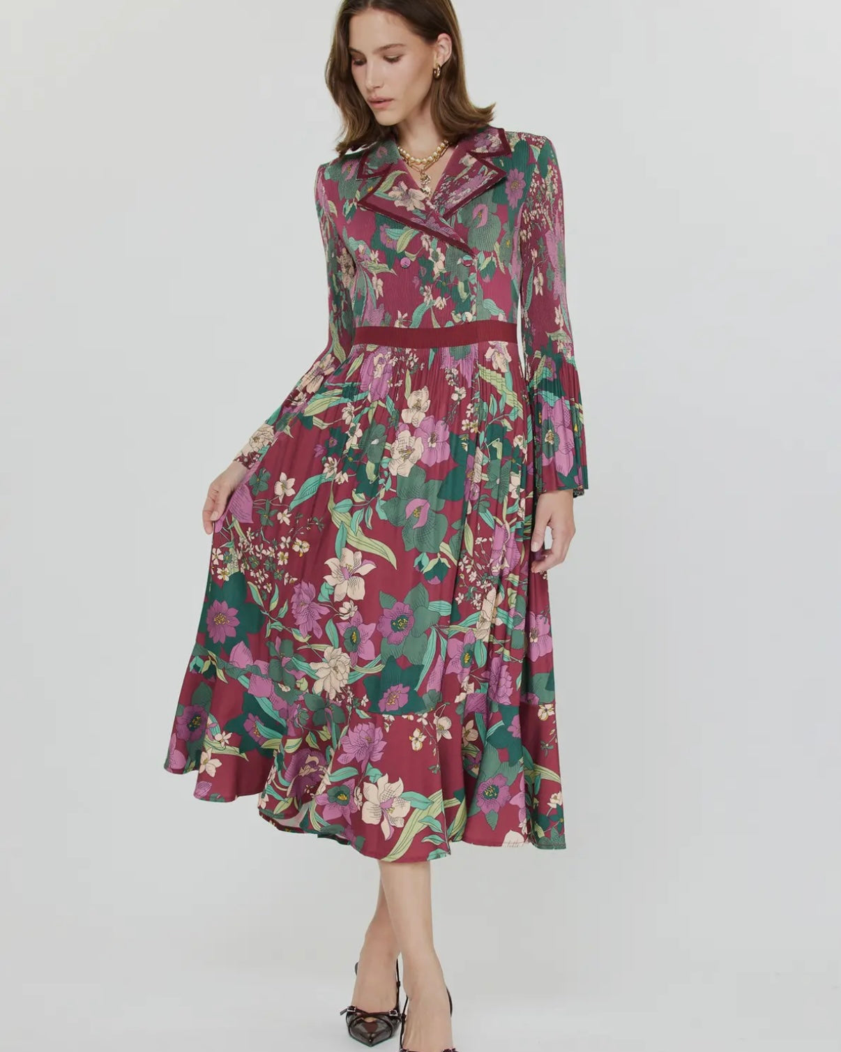 Floral Print Midi Pleated Dress