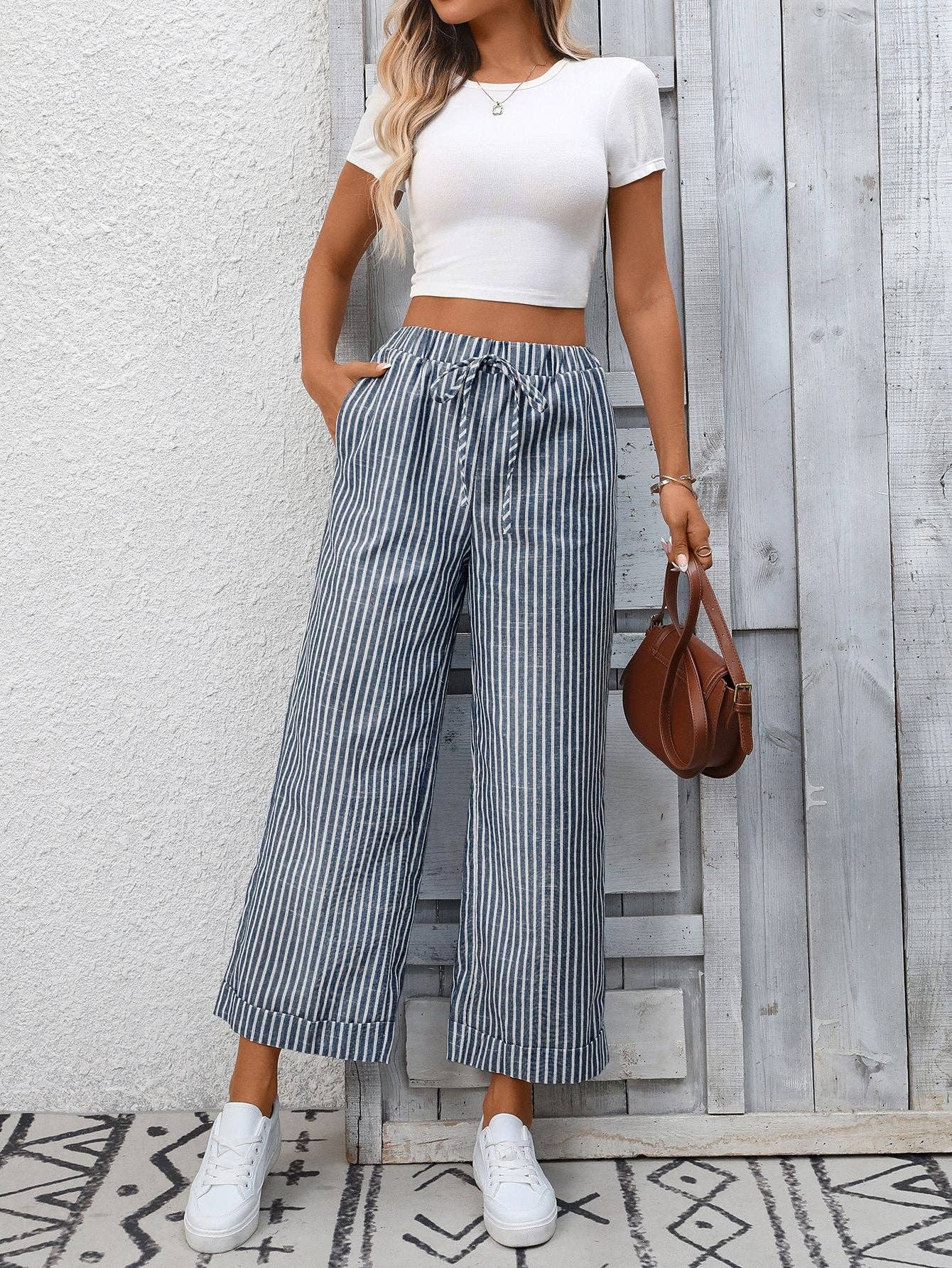 Striped High Waist Wide Leg Pants