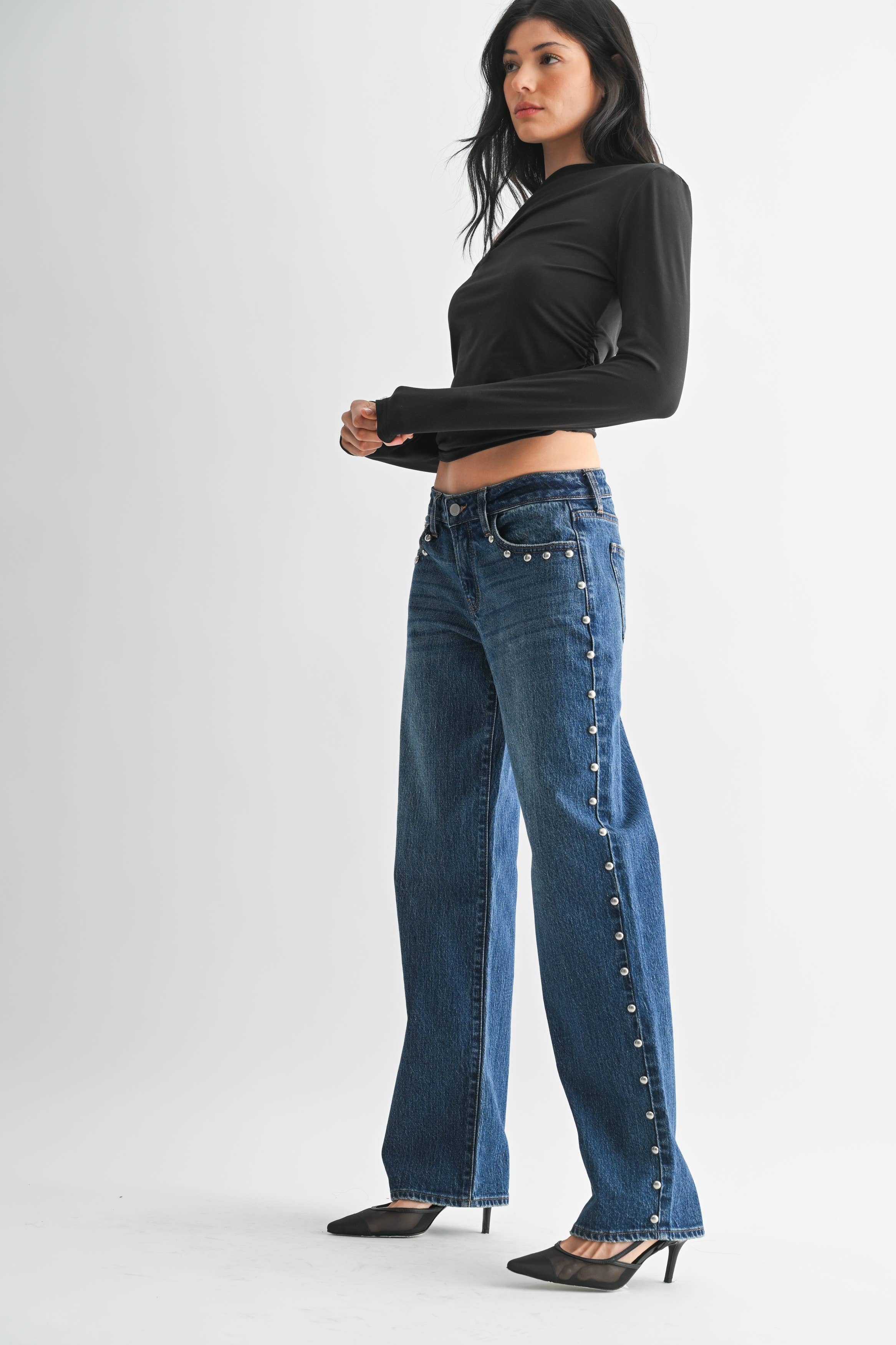 Low Rise Studded Baggy Jean Vintage-Inspired Low-Rise Studded Baggy Denim Jean