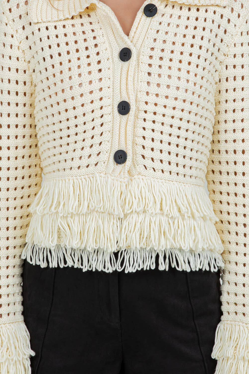 FRINGE DETAILED SOFT KNIT BUTTON DOWN CARDIGAN - LEMON