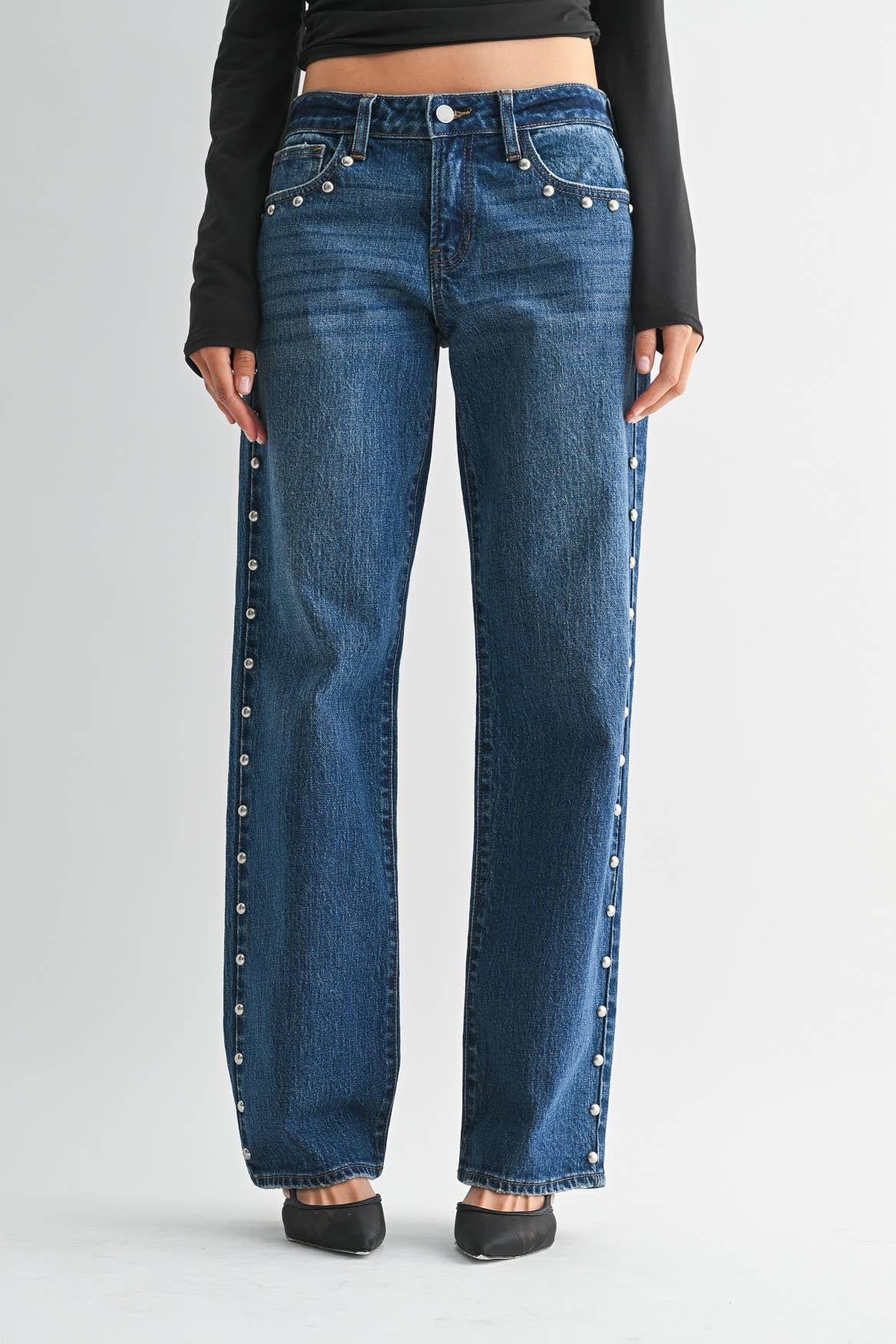 Low Rise Studded Baggy Jean Vintage-Inspired Low-Rise Studded Baggy Denim Jean