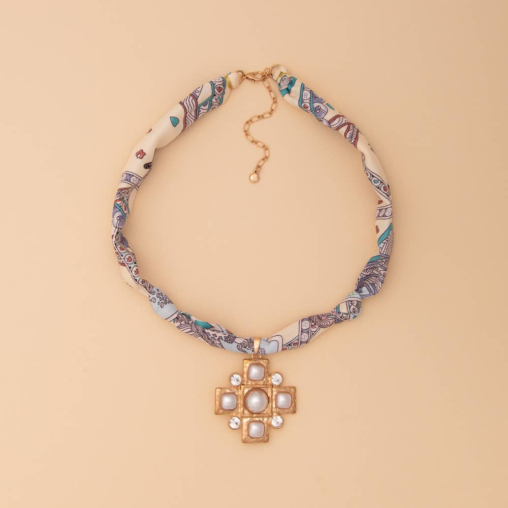 Bandana Necklace with Cross Medallion and Rhinestones